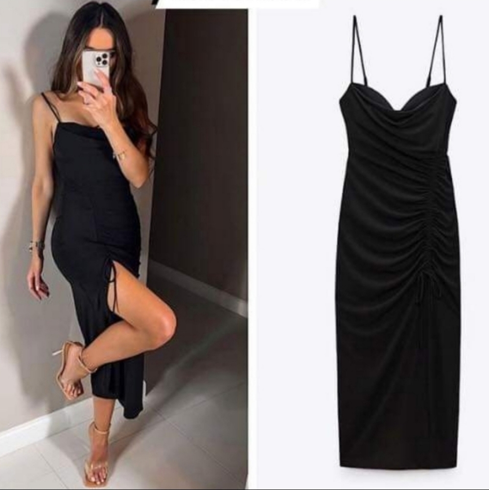 Zara black draped midi dress